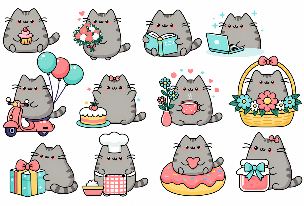 Cute grey cat illustrations with gifts, flowers and hobbies