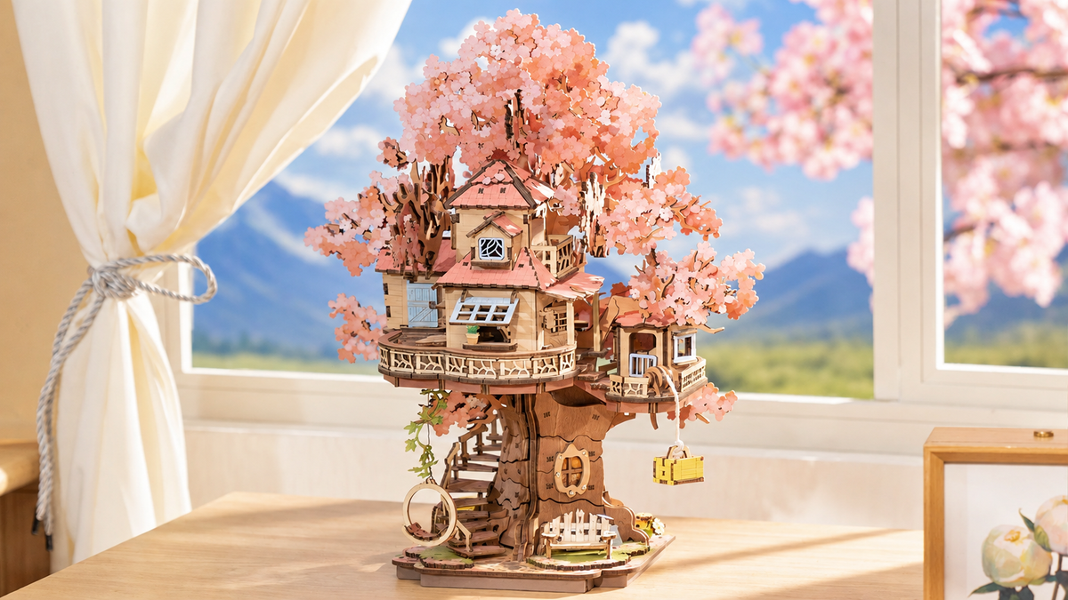 Sakura Tree House wooden model in warm daylight
